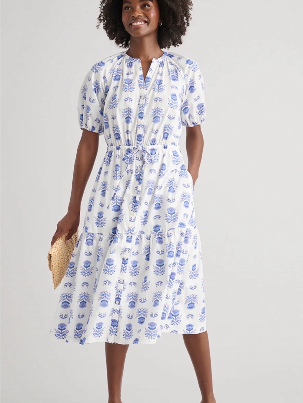 UNTUCKit White Midi Dress with Blue Floral Print